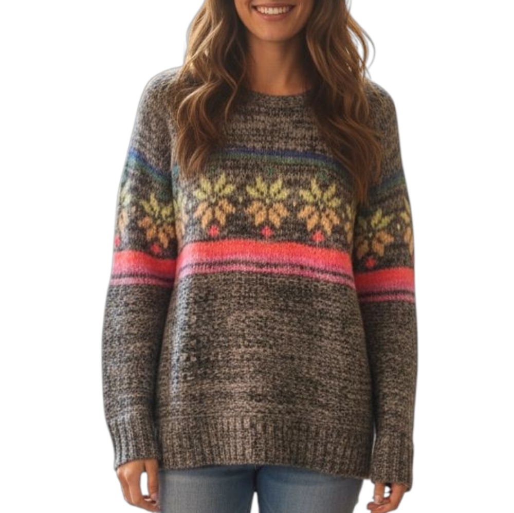 American Eagle Outfitters Gray Crewneck Sweater with Multicolor Fair Isle Stripe